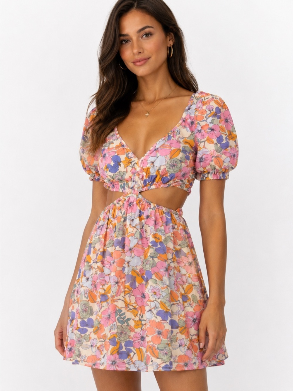 Sincerely Jules Floral Cutout Mini Dress Womens Size S Puff Sleeve Linen Blend